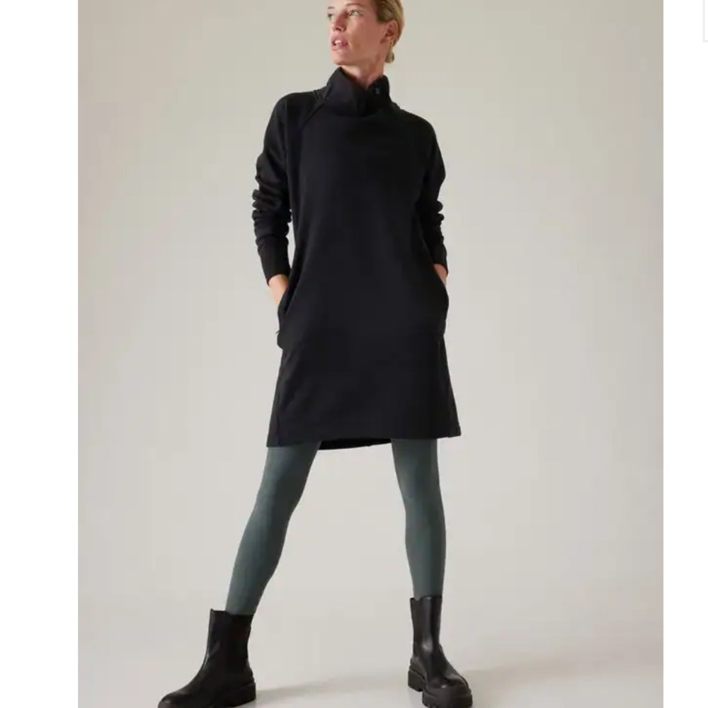 ATHLETA COZY KARMA FLEECE LINED DRESS MOCK NECK THUMBHOLES ZIP POCKETS SZ XL